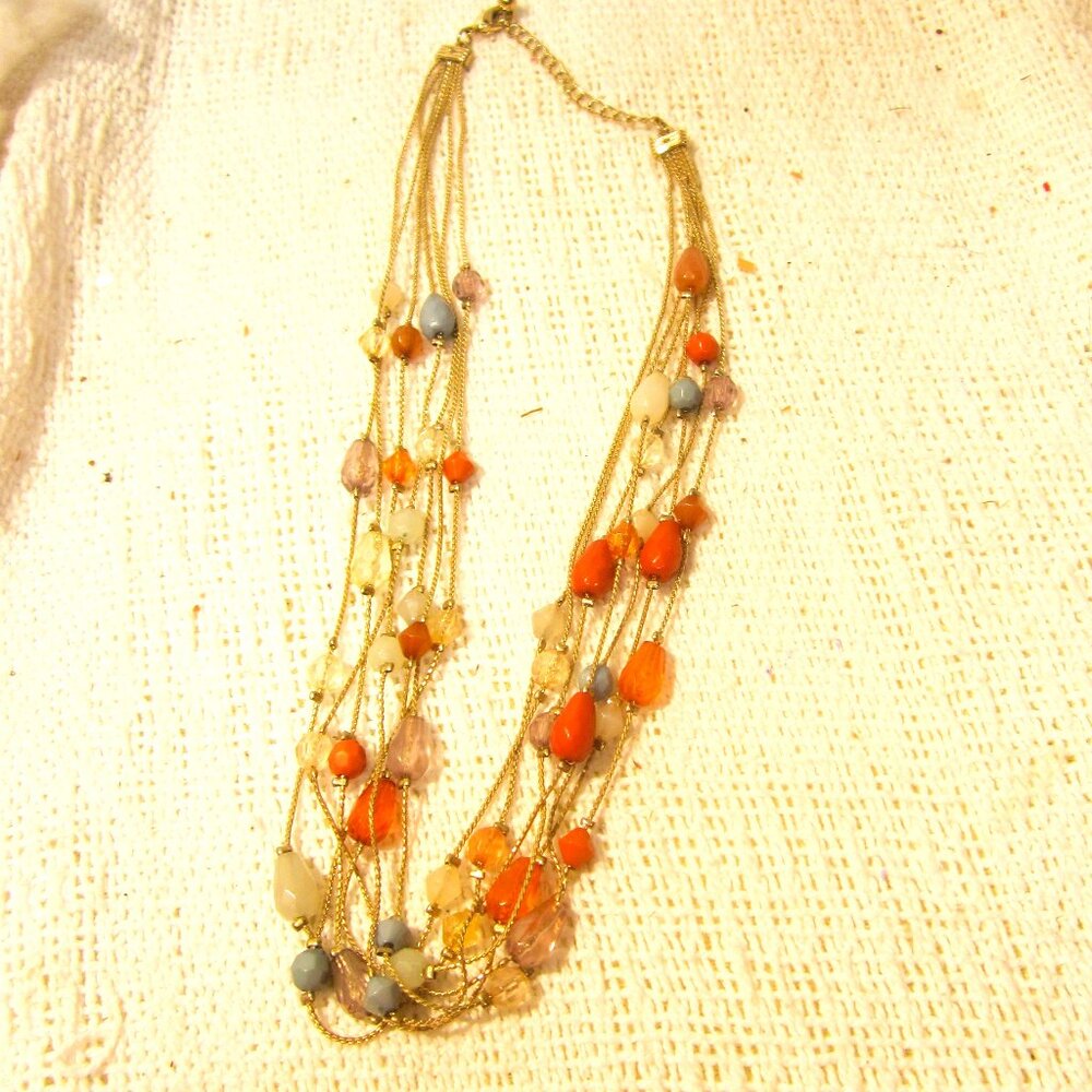 VTG 7 STRAND CHOKER NECKLACE, GOLD TONE W/MULTI-COLORED BEADS